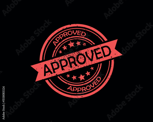 Bright red approved rubber stamp emblem with ribbon banner on black background