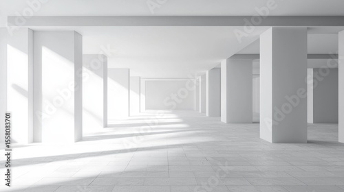 A spacious, empty white room with large, white pillars and a tiled floor. The room is well-lit with natural light, creating a bright and airy atmosphere.