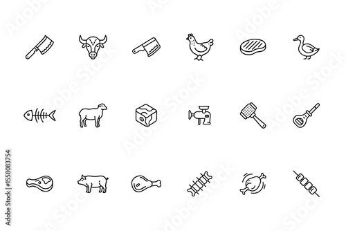 Line icons of various meat cuts poultry including beef chicken pork fish bones vector