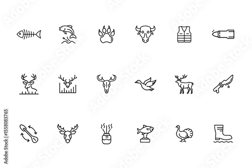 Outline icons of hunting fishing elements including animals equipment on background