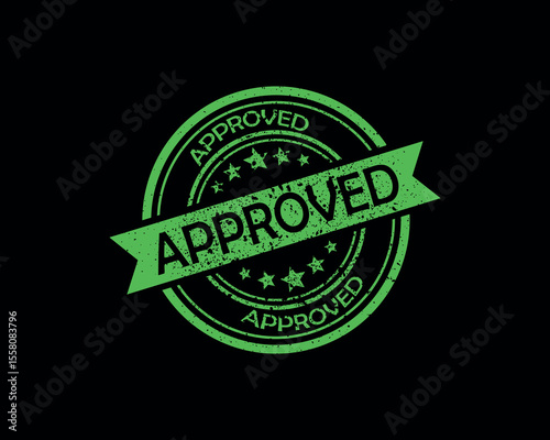 Round green approved rubber stamp icon with ribbon on dark background