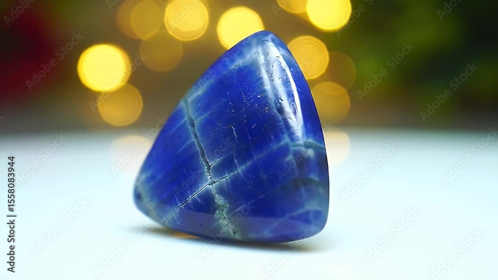 Detailed Royal Blue Lapis Lazuli Cabochon with Sparkly Inclusions on Soft Bokeh Background