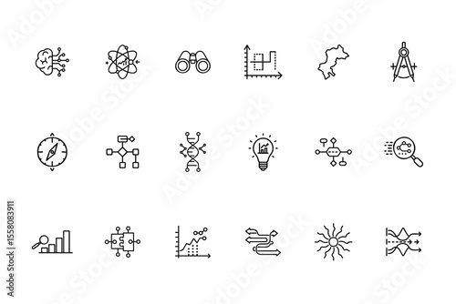 Line art icons of brain atom binoculars graph map compass D N A lightbulb network magnifying glass chart