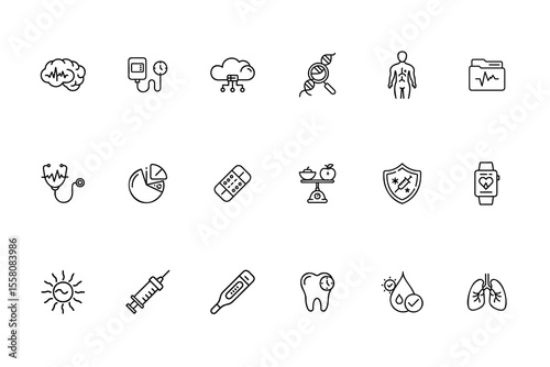 Line art medical icons including brain blood pressure cloud D N A human body file stethoscope