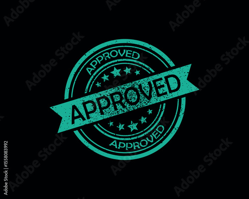 Teal approved circular rubber stamp with ribbon banner on dark background