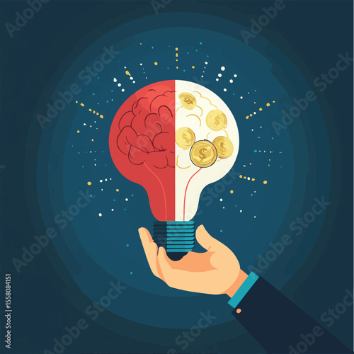 Hand is holds money and half of light bulb and brain