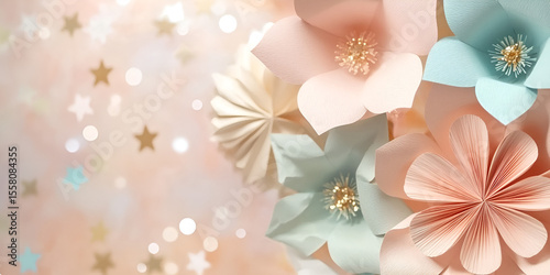 Pastel Origami Flowers and Stars on Dreamy Bokeh Background

