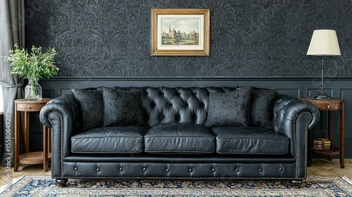 Dark leather Chesterfield sofa in a stylish room.