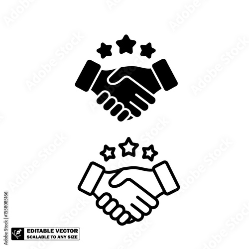 Two handshake icons with three stars above them in black and white vector illustration style