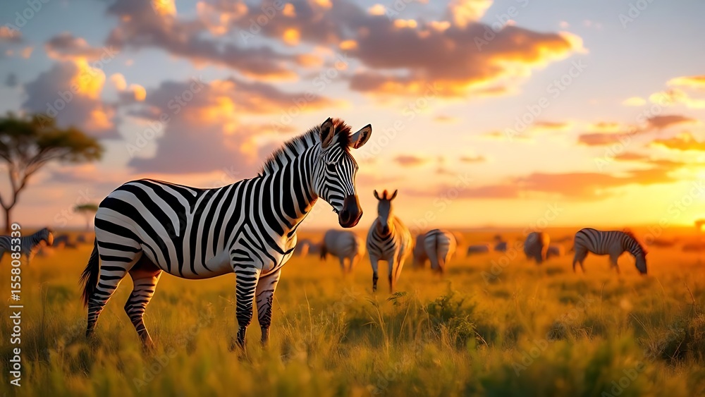 Naklejka premium Zebras grazing in golden savanna sunset golden hour