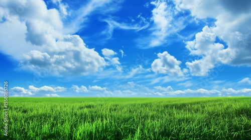 green field and blue sky. field and clouds