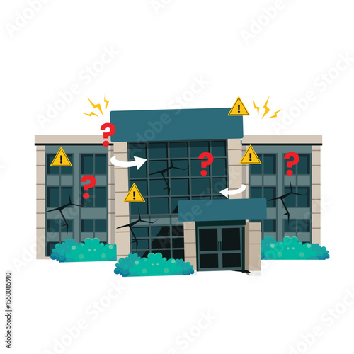 Demolished multi story building , destroyed  architectural construction and sight. City, town, or metropolis with damage done. Vector illustration