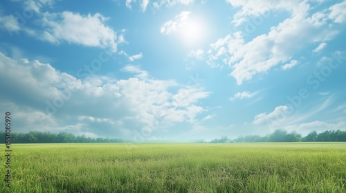 green field and blue sky. field and clouds