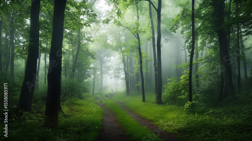 Green forest environment. Beautiful Forest