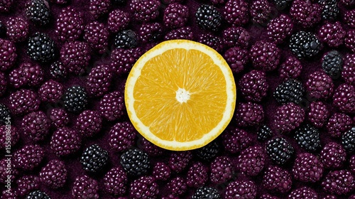 A vibrant arrangement of blackberries and a citrus slice.