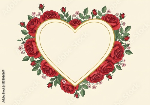 Elegant Heart Shaped Frame Adorned with Lush Red Roses and Delicate Blossoms: A Romantic Floral Design