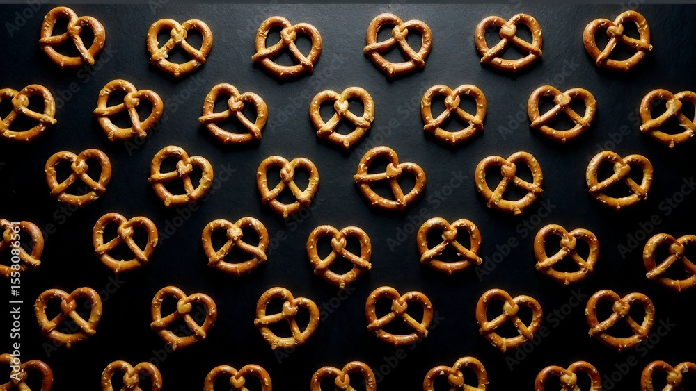 Fototapeta premium Golden brown pretzels arranged symmetrically on a dark background creating a visual rhythm.