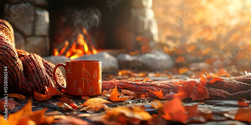 Autumn Evening by the Fireplace with Cozy Mug and Falling Leaves

