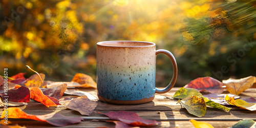 Rustic Ceramic Mug on Wooden Table with Autumn Leaves and Warm Sunlight

