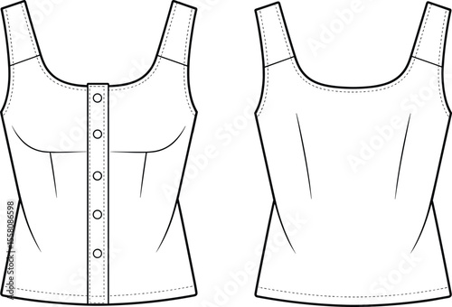  Women’s button front tank top, sleeveless fitted design, technical flat sketch, fashion vector template, front and back detailed view

flat vector illustration