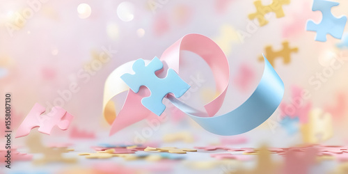 Flying Pastel Puzzle Pieces with Ribbons on Soft Background

