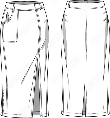 CAD drawing flat vector illustration of pencil skirt, front and back views, slit detail, pocket construction, clean layout, fashion sketch template, garment design, sewing pattern