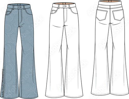 CAD drawing flat vector illustration of wide-leg jeans, front and back views, swirl pattern detail, denim pants design, garment sketch layout, fashion template, technical vector