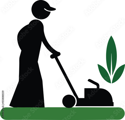 Person mowing lawn silhouette with green leaves isolated on white background