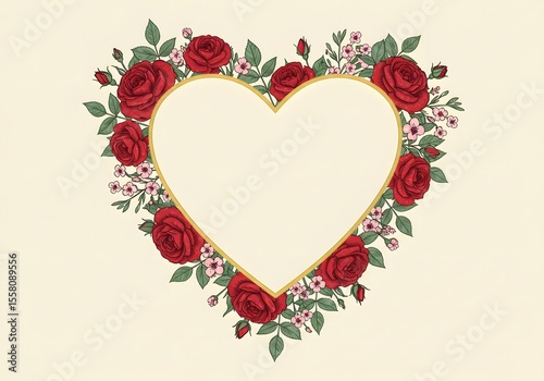Elegant Heart Shaped Floral Frame with Red Roses and Delicate Pink Flowers Romantic Design for Valentines Day or Wedding Invitation