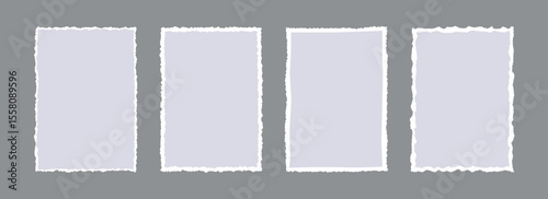 Grey torn paper frame backgrounds. Gray blank sheet wallpapers with jagged edges. Ripped grunge element bundle for poster, text box, banner, collage, sticker. Vector rectangle craft backdrops