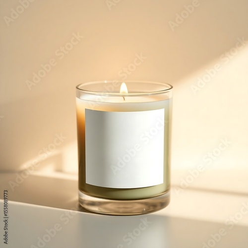 Burning candle in the glass jar container with neutral background and natural shadow white blank label for text, brand name and logo aesthetic handmade craft products mockup