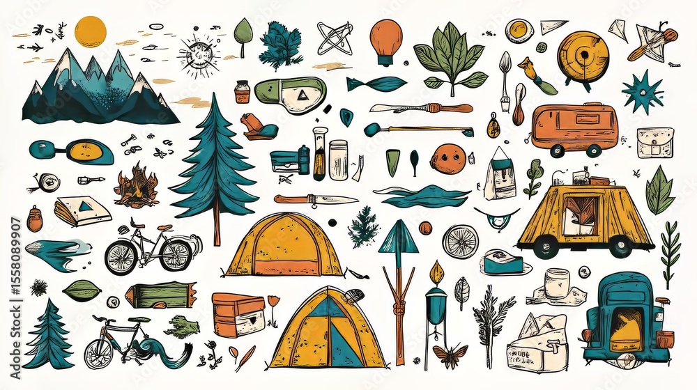 Fototapeta premium Large hand-drawn camping set featuring a variety of travel doodles