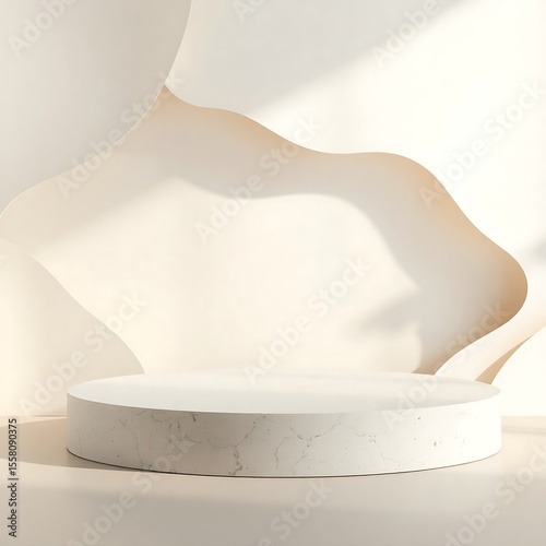 Empty marble podium aesthetic abstract background wall in neutral tones modern interior suitable for beauty business product display, branding advertisement