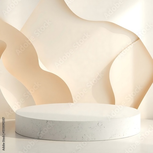 Empty white marble podium with abstract background in neutral beige color for product display presentation and business marketing modern minimalist design