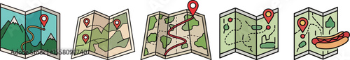 Cartoon Maps Collection with Pins and Hotdog