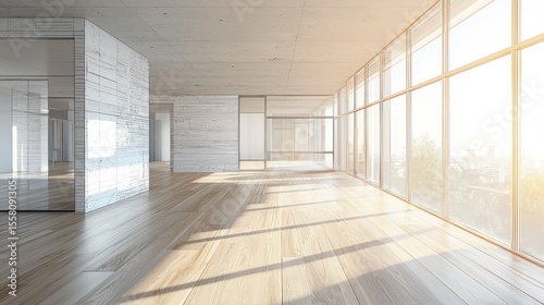 A spacious, modern office with large windows and a concrete ceiling, featuring a wooden floor and a white wall with a glass door.