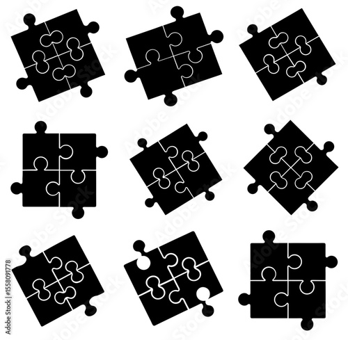 Four piece puzzle diagram silhouette vector illustration