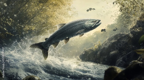 107.A breathtaking action shot of a king salmon leaping through a stream, its body twisting in the air, with water splashing dramatically around it against a natural river backdrop.
