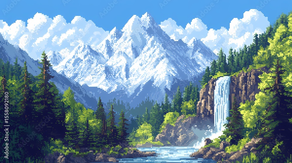 Obraz premium Pixel Art Mountain Waterfall Scenic Landscape 
