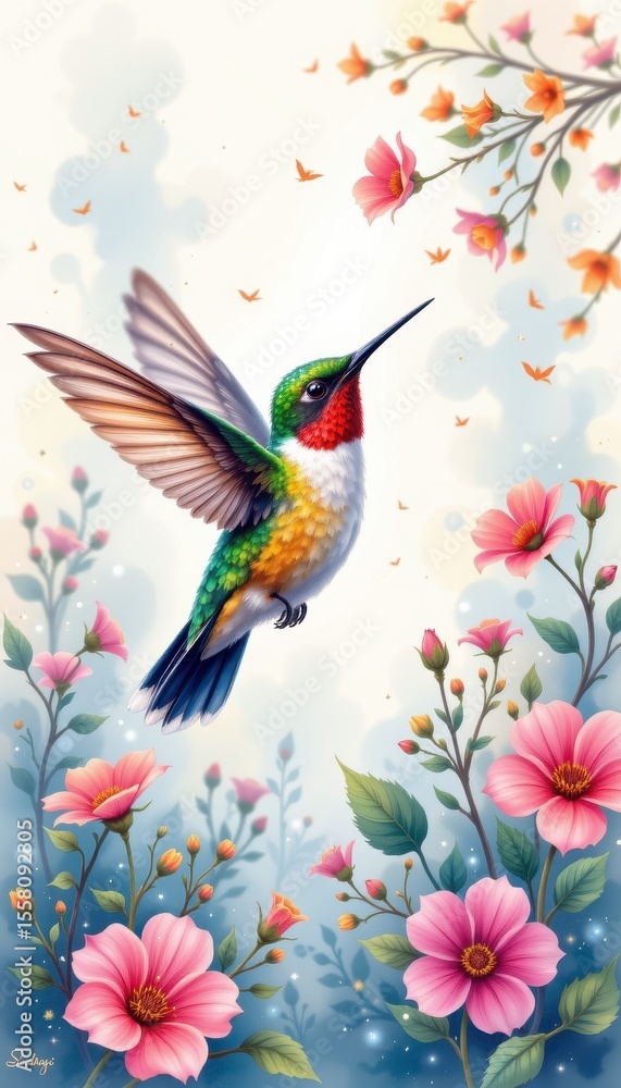 Fototapeta premium Colorful Hummingbird Fluttering Amidst Vibrant Flowers and Delicate Blossoms in a Dreamy Setting