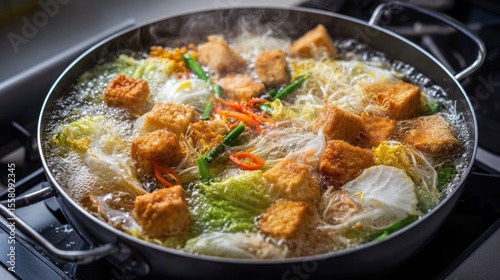 Adding tofu cubes to simmering shabu broth for richer taste