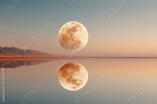 Tranquil full moonrise over reflective calm water with distant mountains at sunset for meditation and peaceful mindfulness branding