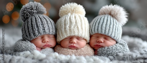 Three newborn babies in knitted winter hats