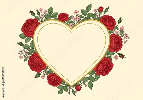 Elegant Heart Shaped Frame Adorned with Crimson Roses and Delicate Blossoms: Romantic Floral Design for Valentine's Day or Wedding Invitations