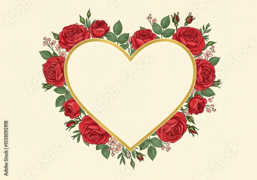 Romantic Red Roses Heart Frame Valentines Day Design Elegant Floral Illustration