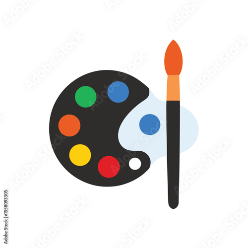 Minimalist paintbrush with palette in flat color style for painting and design Vector illustration