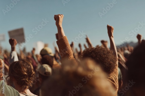 Diverse Crowd Raising Fists and Peace Signs at Urban Justice Rally - Social Advocacy and Civic Engagement for Equality and Unity
