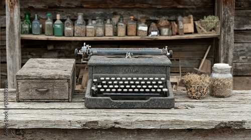 Vintage typewriter and wooden box on a rustic wooden table.