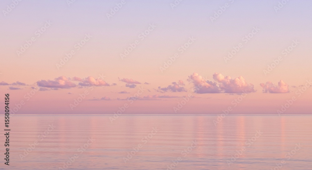 Naklejka premium A pastel gradient sky over a calm ocean horizon, with faint clouds and soft reflections in the water