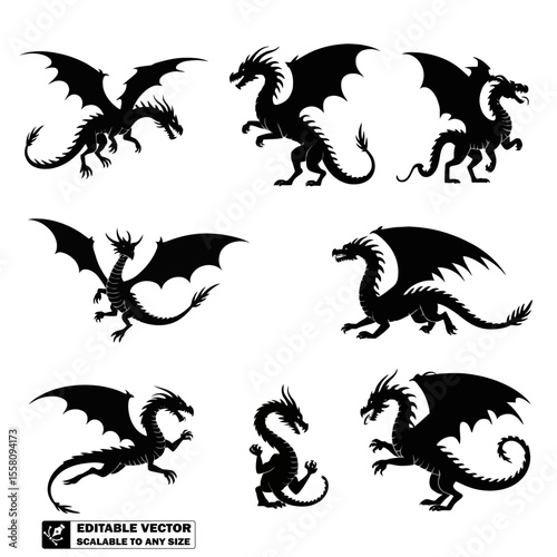 Collection of nine different dragon silhouette illustrations on a white background pattern designCollection of nine different dragon silhouette illustrations on a white background pattern design